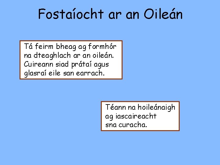 Fostaíocht ar an Oileán Tá feirm bheag ag formhór na dteaghlach ar an oileán.
