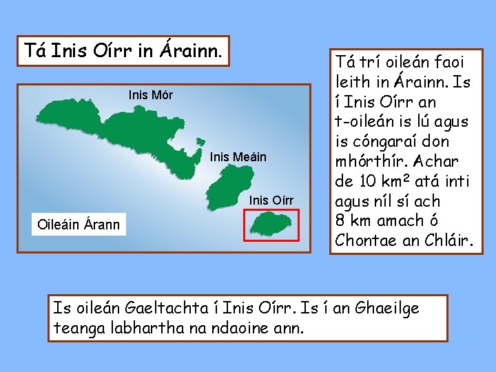 Tá Inis Oírr in Árainn. Inis Mór Inis Meáin Inis Oírr Oileáin Árann Tá