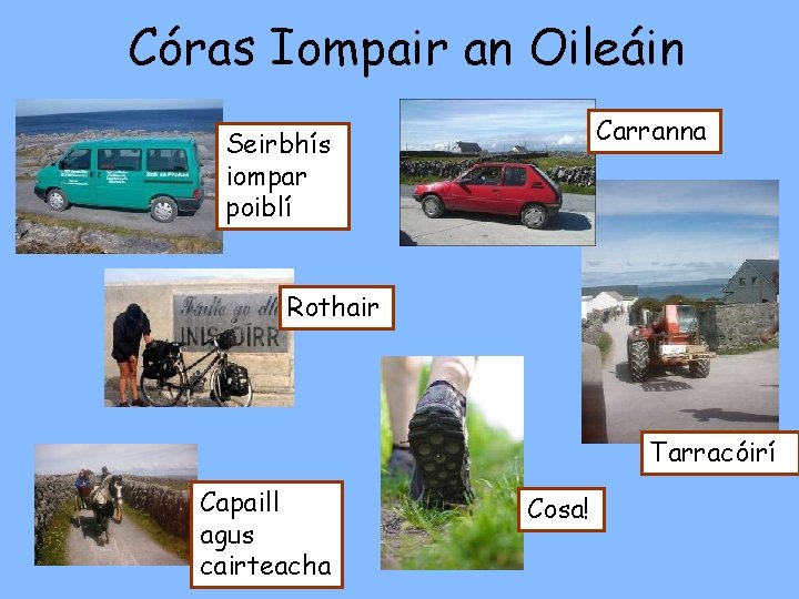 Córas Iompair an Oileáin Carranna Seirbhís iompar poiblí Rothair Tarracóirí Capaill agus cairteacha Cosa!