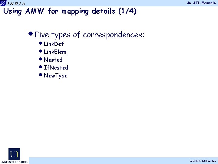 An ATL Example Using AMW for mapping details (1/4) • Five types of correspondences: An ATL Example Using AMW for mapping details (1/4) • Five types of correspondences: