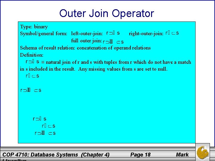 Outer Join Operator Type: binary Symbol/general form: left-outer-join: right-outer-join: full outer join: Schema of