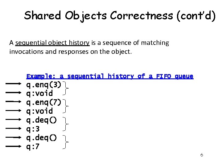 Shared Objects Correctness (cont’d) A sequential object history is a sequence of matching invocations