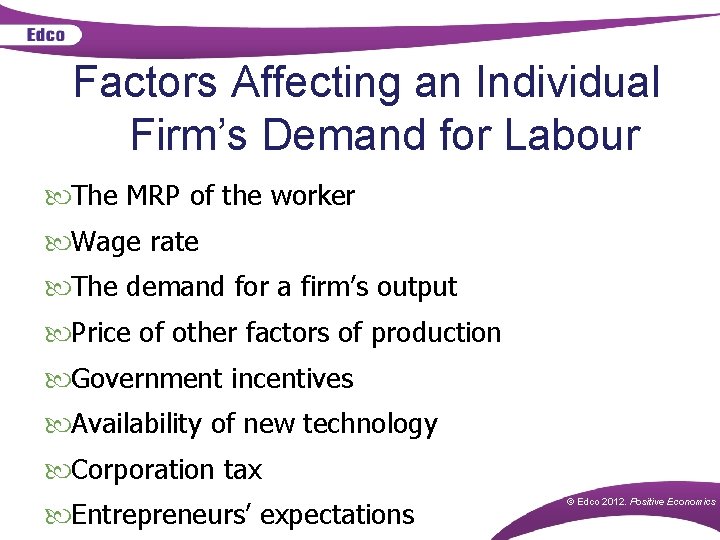Factors Affecting an Individual Firm’s Demand for Labour The MRP of the worker Wage