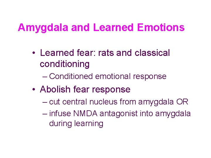 Amygdala and Learned Emotions • Learned fear: rats and classical conditioning – Conditioned emotional