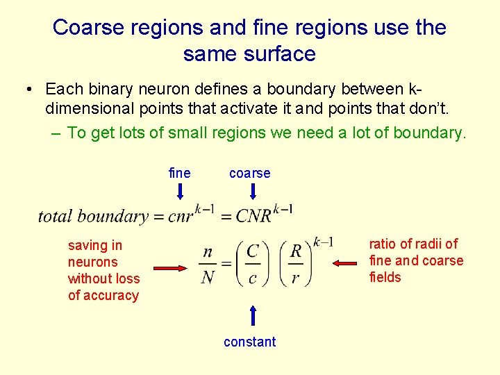 Coarse regions and fine regions use the same surface • Each binary neuron defines