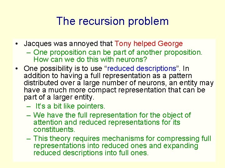 The recursion problem • Jacques was annoyed that Tony helped George – One proposition