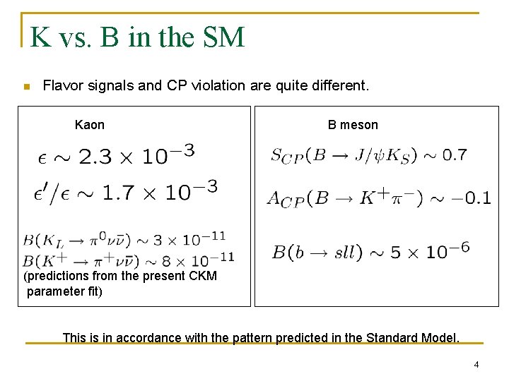 K vs. B in the SM n Flavor signals and CP violation are quite