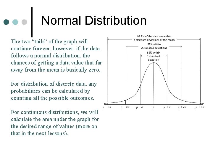 Normal Distribution The two “tails” of the graph will continue forever, however, if the