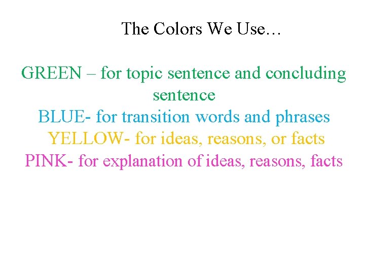 The Colors We Use… GREEN – for topic sentence and concluding sentence BLUE- for