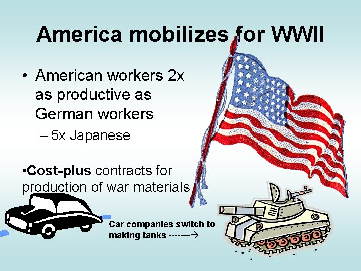 America mobilizes for WWII • American workers 2 x as productive as German workers