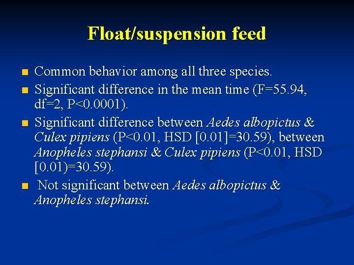 Float/suspension feed n n Common behavior among all three species. Significant difference in the
