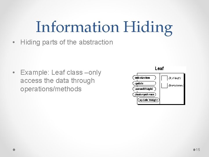 Information Hiding • Hiding parts of the abstraction • Example: Leaf class –only access