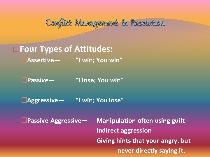 Conflict Management & Resolution � Four Types of Attitudes: �Assertive— “I win; You win” Conflict Management & Resolution � Four Types of Attitudes: �Assertive— “I win; You win”