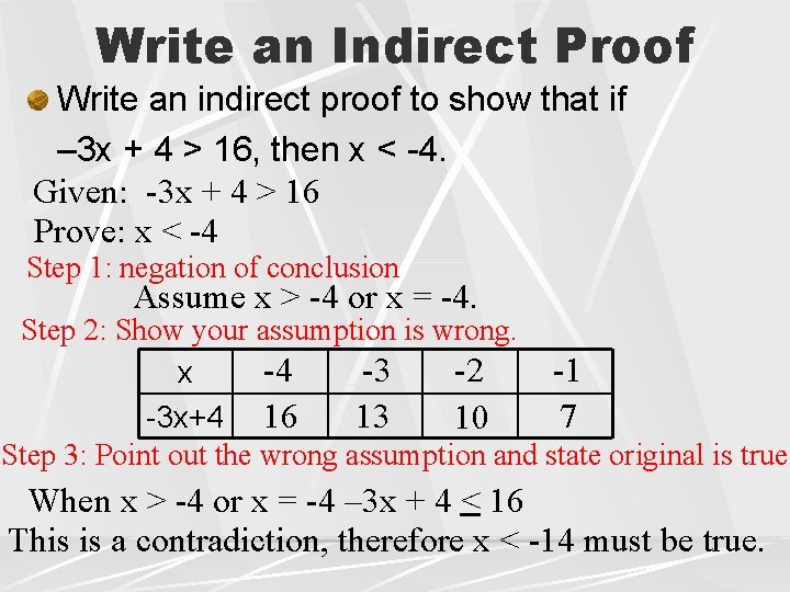Write an Indirect Proof Write an indirect proof to show that if – 3