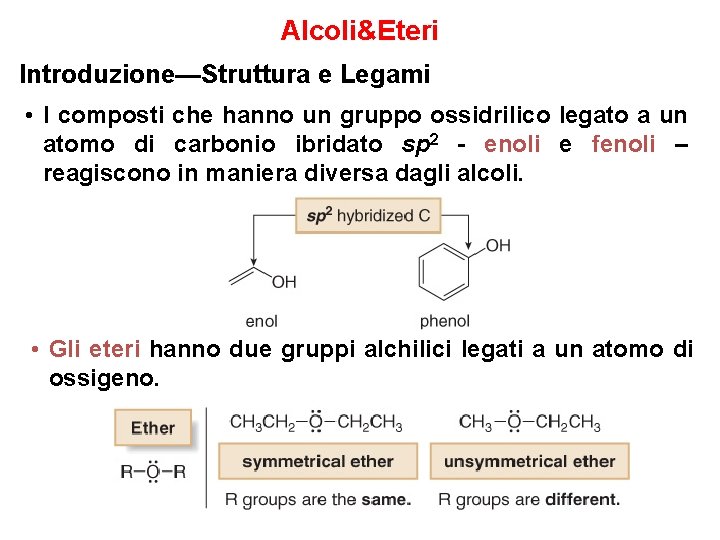 Alcoli&Eteri Introduzione—Struttura e Legami • I composti che hanno un gruppo ossidrilico legato a