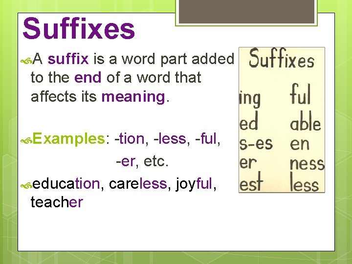 Suffixes A suffix is a word part added to the end of a word