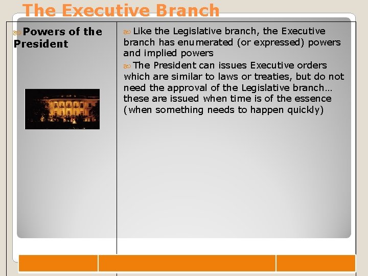 The Executive Branch Powers President of the Like the Legislative branch, the Executive branch