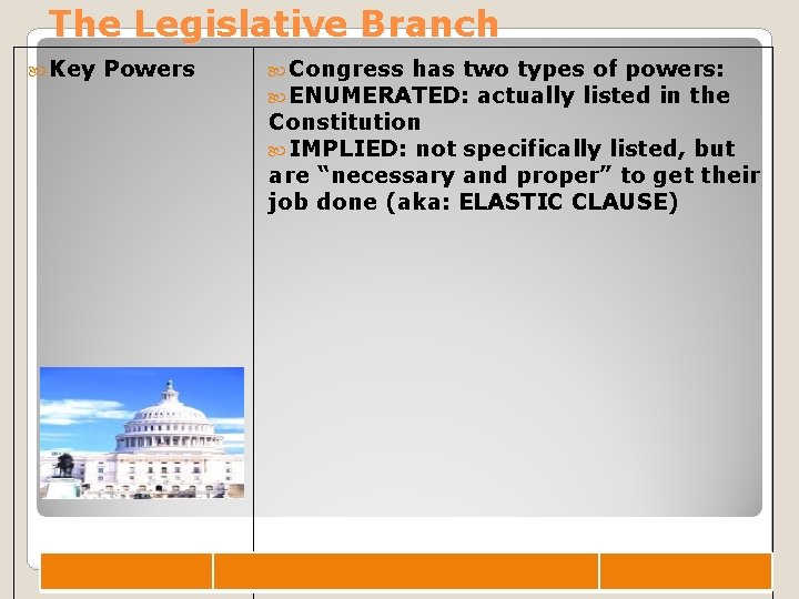 The Legislative Branch Key Powers Congress has two types of powers: ENUMERATED: actually listed