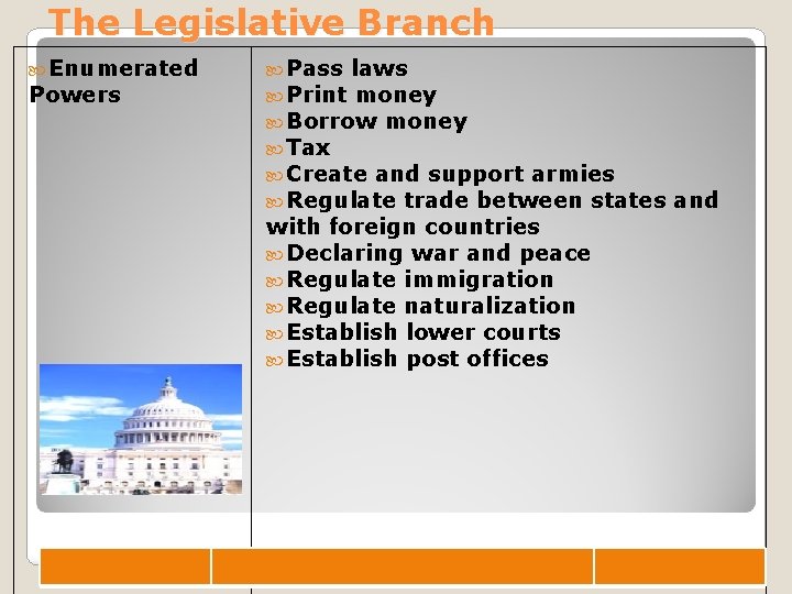 The Legislative Branch Enumerated Powers Pass laws Print money Borrow money Tax Create and