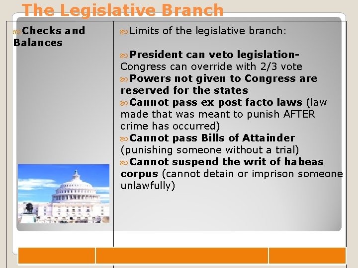 The Legislative Branch Checks Balances and Limits of the legislative branch: President can veto