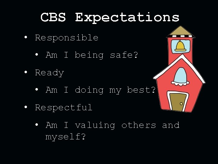 CBS Expectations • Responsible • Am I being safe? • Ready • Am I