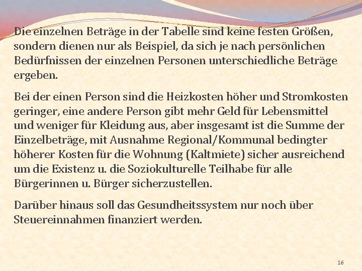 Die einzelnen Beträge in der Tabelle sind keine festen Größen, sondern dienen nur als