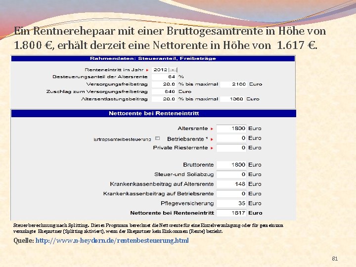 Ein Rentnerehepaar mit einer Bruttogesamtrente in Höhe von 1. 800 €, erhält derzeit eine