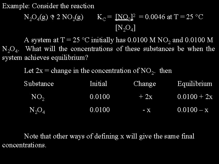 Example: Consider the reaction N 2 O 4(g) 2 NO 2(g) KC = [NO