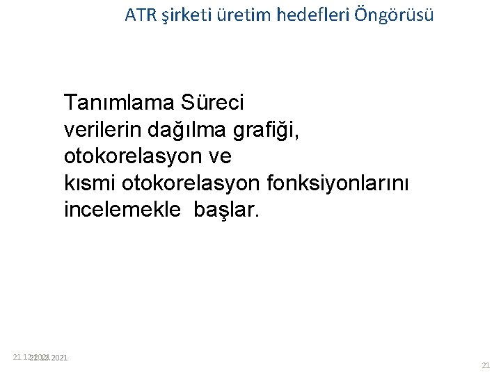 ATR şirketi üretim hedefleri Öngörüsü Tanımlama Süreci verilerin dağılma grafiği, otokorelasyon ve kısmi otokorelasyon