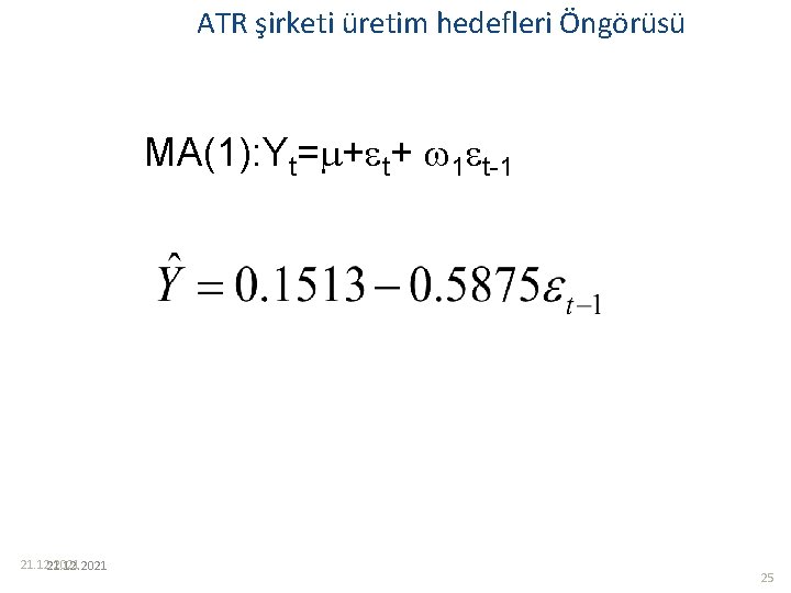 ATR şirketi üretim hedefleri Öngörüsü MA(1): Yt= + t+ 1 t-1 21. 12. 2021