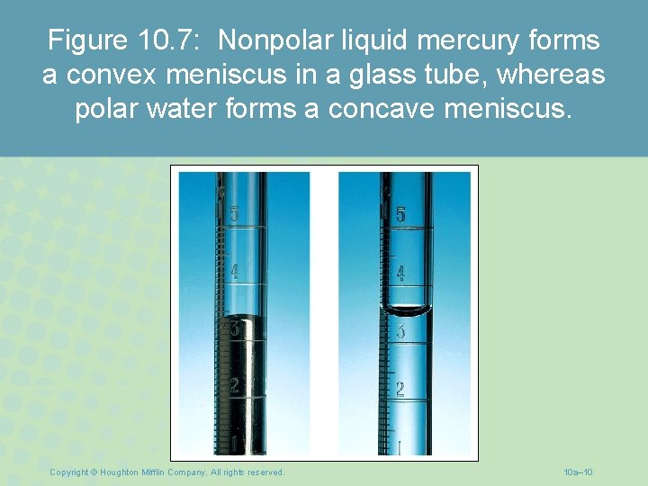 Figure 10. 7: Nonpolar liquid mercury forms a convex meniscus in a glass tube,