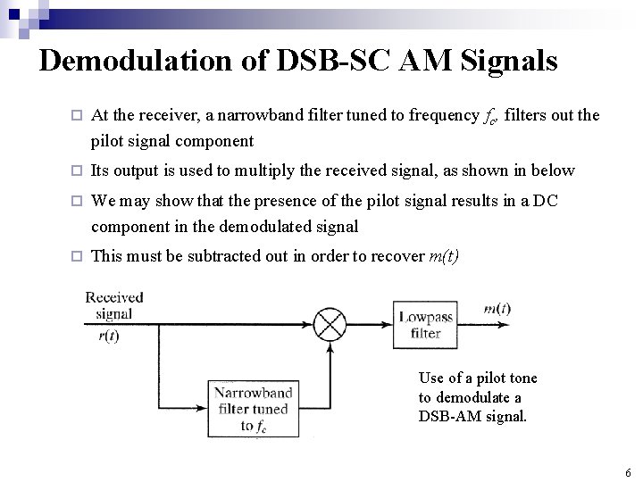 Demodulation of DSB-SC AM Signals ¨ At the receiver, a narrowband filter tuned to