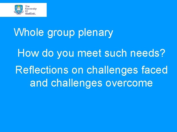 Whole group plenary How do you meet such needs? Reflections on challenges faced and