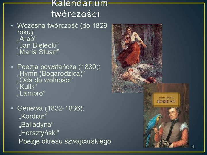 Kalendarium twórczości • Wczesna twórczość (do 1829 roku): „Arab” „Jan Bielecki” „Maria Stuart” •