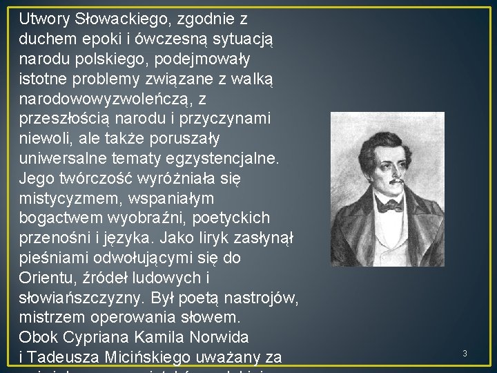 Utwory Słowackiego, zgodnie z duchem epoki i ówczesną sytuacją narodu polskiego, podejmowały istotne problemy