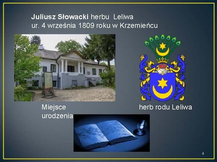 Juliusz Słowacki herbu Leliwa ur. 4 września 1809 roku w Krzemieńcu Miejsce urodzenia herb