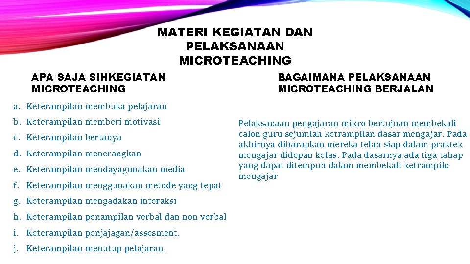 MATERI KEGIATAN DAN PELAKSANAAN MICROTEACHING APA SAJA SIHKEGIATAN MICROTEACHING BAGAIMANA PELAKSANAAN MICROTEACHING BERJALAN a.