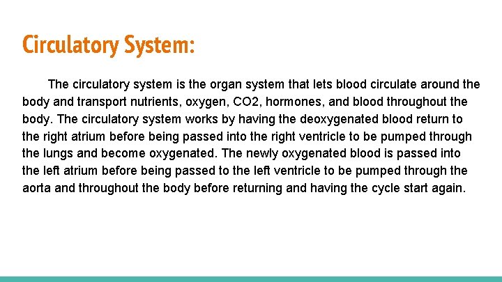 Circulatory System: The circulatory system is the organ system that lets blood circulate around