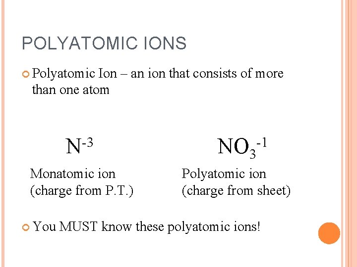 POLYATOMIC IONS Polyatomic Ion – an ion that consists of more than one atom