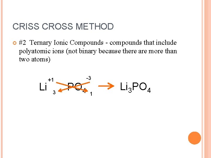 CRISS CROSS METHOD #2 Ternary Ionic Compounds - compounds that include polyatomic ions (not