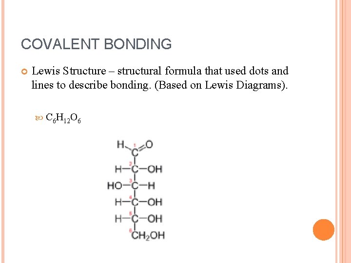 COVALENT BONDING Lewis Structure – structural formula that used dots and lines to describe