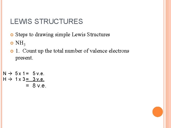 LEWIS STRUCTURES Steps to drawing simple Lewis Structures NH 3 1. Count up the