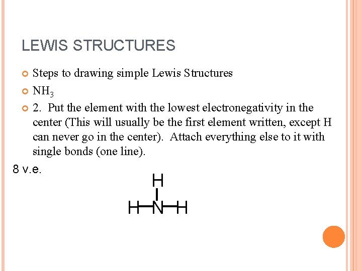 LEWIS STRUCTURES Steps to drawing simple Lewis Structures NH 3 2. Put the element