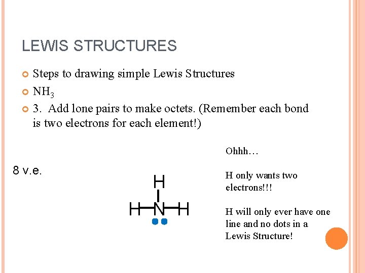 LEWIS STRUCTURES Steps to drawing simple Lewis Structures NH 3 3. Add lone pairs