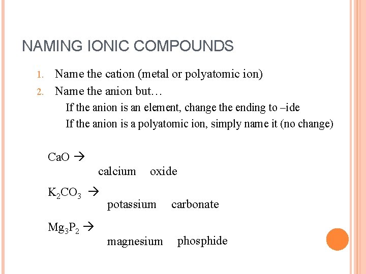 NAMING IONIC COMPOUNDS Name the cation (metal or polyatomic ion) 2. Name the anion