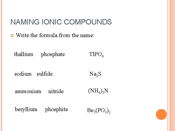 NAMING IONIC COMPOUNDS Write the formula from the name: thallium phosphate Tl. PO 4