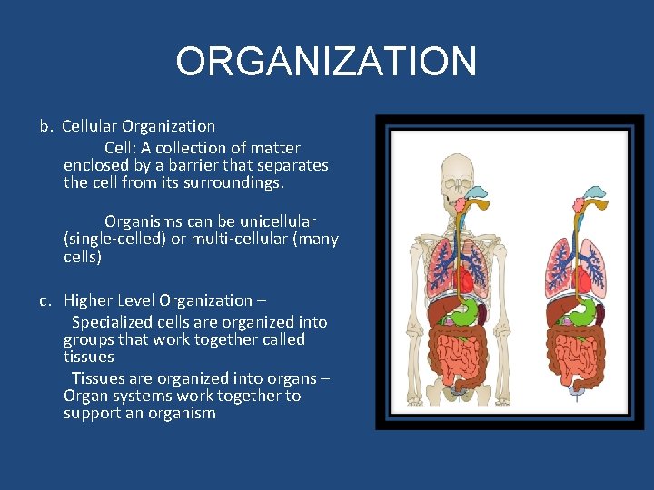 ORGANIZATION b. Cellular Organization Cell: A collection of matter enclosed by a barrier that