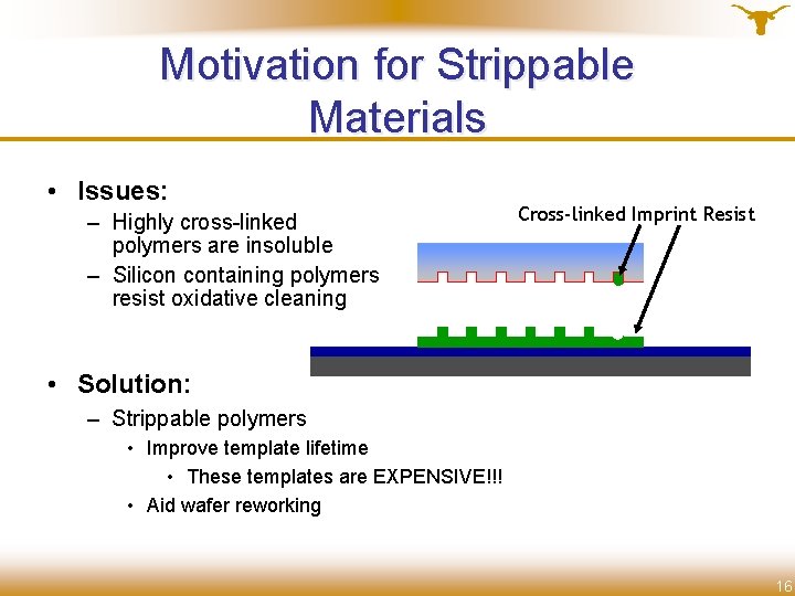 Motivation for Strippable Materials • Issues: – Highly cross-linked polymers are insoluble – Silicon