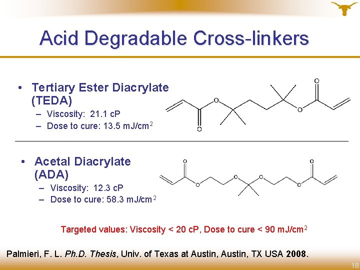 Acid Degradable Cross-linkers • Tertiary Ester Diacrylate (TEDA) – Viscosity: 21. 1 c. P
