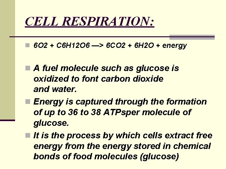 CELL RESPIRATION: n 6 O 2 + C 6 H 12 O 6 —> CELL RESPIRATION: n 6 O 2 + C 6 H 12 O 6 —>